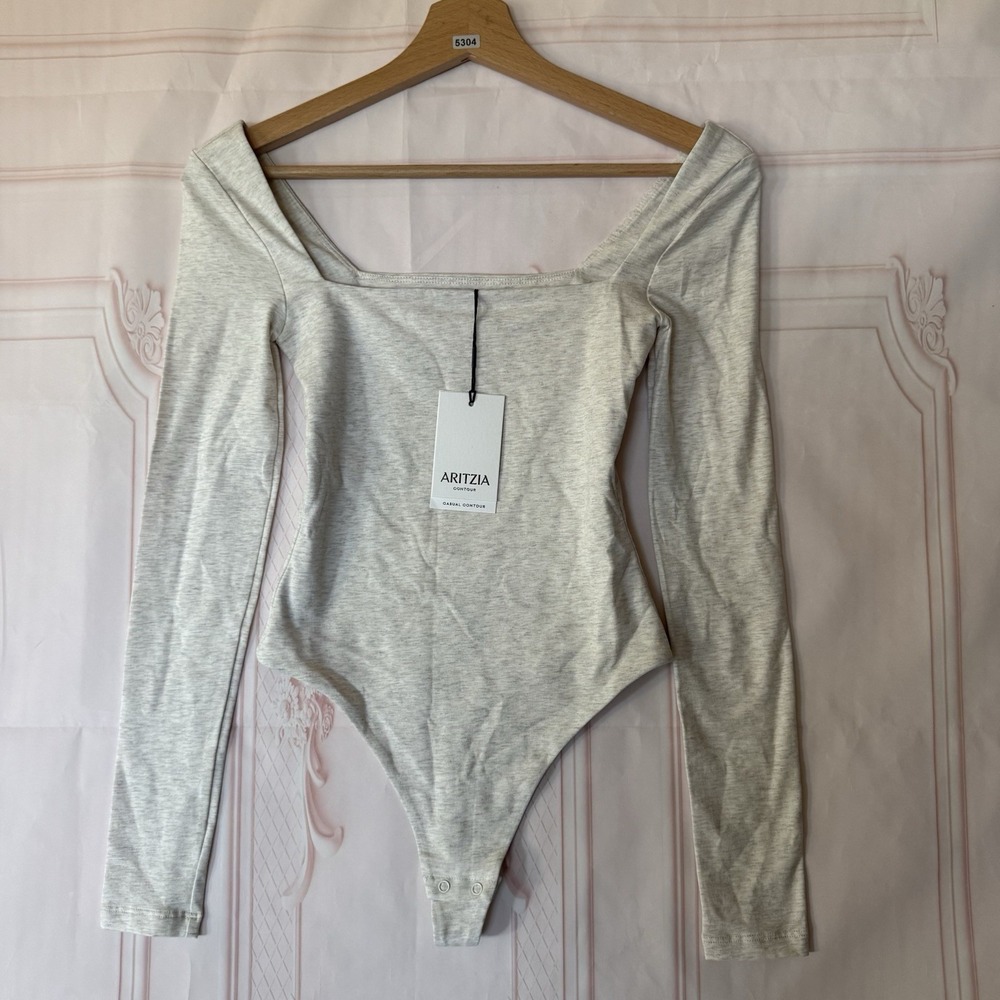 Aritzia Contour Square Neck Cotton Bodysuit Heather Light Oatmeal Sz XXS NWT $50